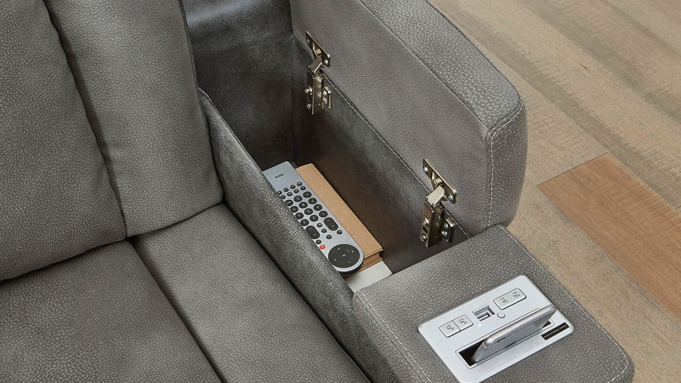 Armrest Storage on the Next-Gen POWER Reclining Sofa Set in Gray by Asley Furniture | Home Furniture Plus Bedding