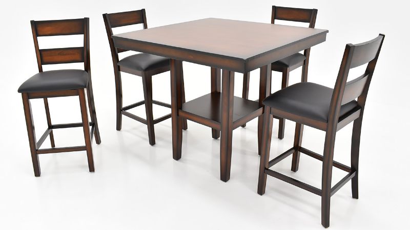 Angled View of the Pendwood 5 Piece Counter Height Dining Table Set in Dark Cherry | Home Furniture Plus Bedding
