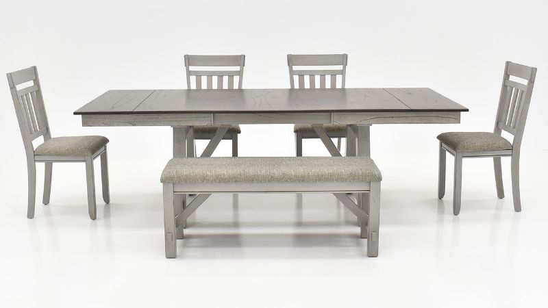 Front Extended View of the Newport 6 Piece Dining Table Set with Bench in Gray by Liberty Furniture | Home Furniture Plus Bedding