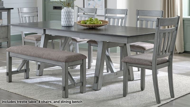 Room View of the Newport 6 Piece Dining Table Set with Bench in Gray by Liberty Furniture | Home Furniture Plus Bedding