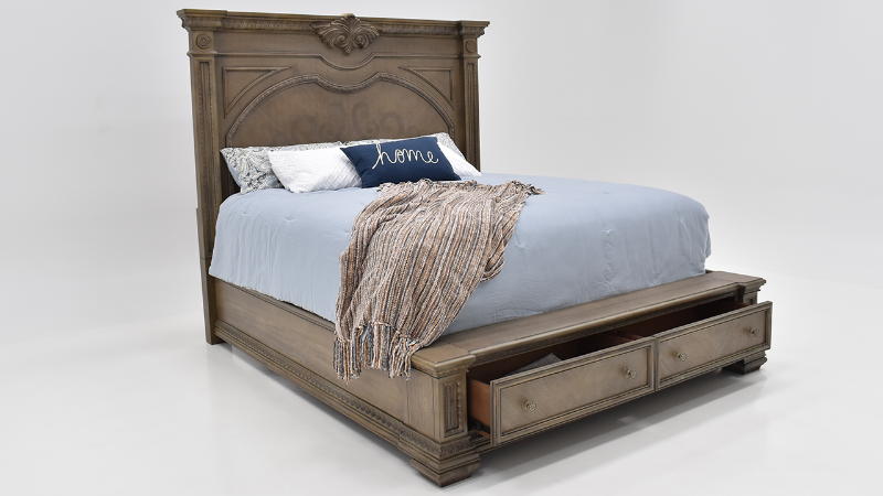 Angled View of the Maria Queen Size Storage Bed in Gray by Avalon Furniture | Home Furniture Plus Bedding