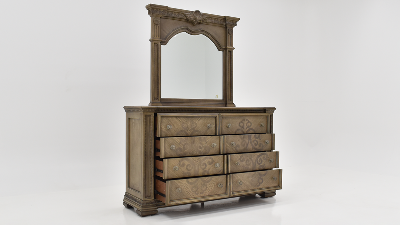 Angled View of the Maria Dresser with Mirror in Gray by Avalon Furniture | Home Furniture Plus Bedding