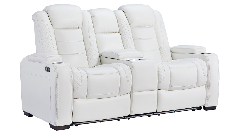 Angled View of the Party Time POWER Reclining Loveseat in White by Ashley Furniture | Home Furniture Plus Bedding