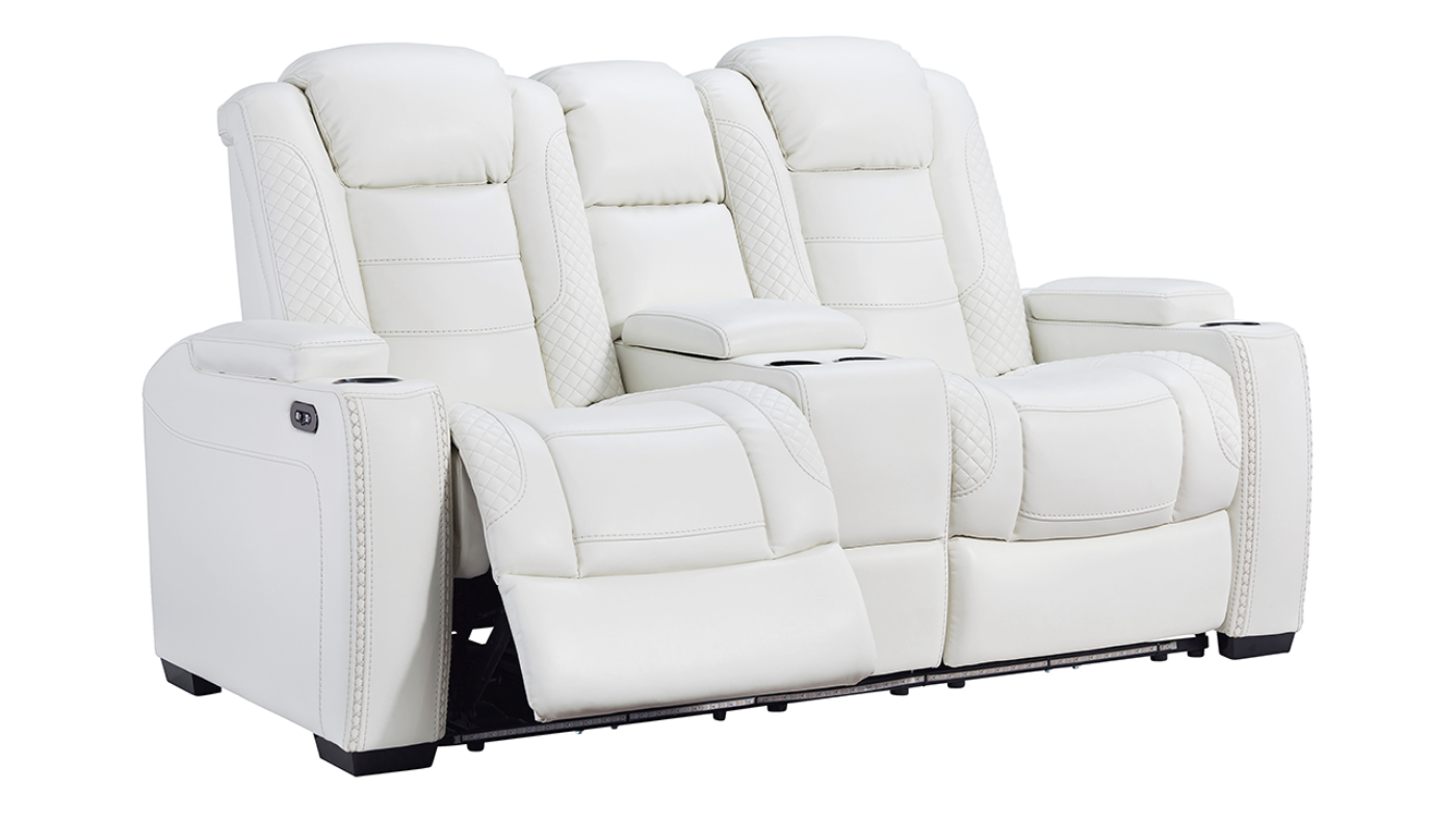 Angled View of the Party Time POWER Reclining Loveseat in White by Ashley Furniture | Home Furniture Plus Bedding