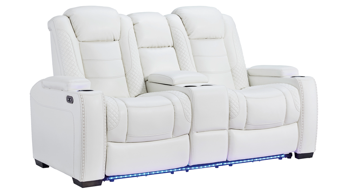 Angled View of the Party Time POWER Reclining Loveseat in White by Ashley Furniture | Home Furniture Plus Bedding