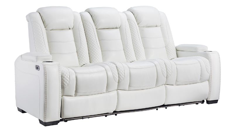 Angled View of the Party Time POWER Reclining Sofa in White by Ashley Furniture | Home Furniture Plus Bedding
