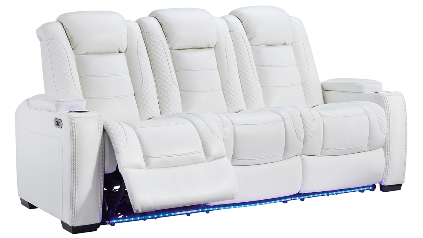 Angled View of the Party Time POWER Reclining Sofa in White by Ashley Furniture | Home Furniture Plus Bedding