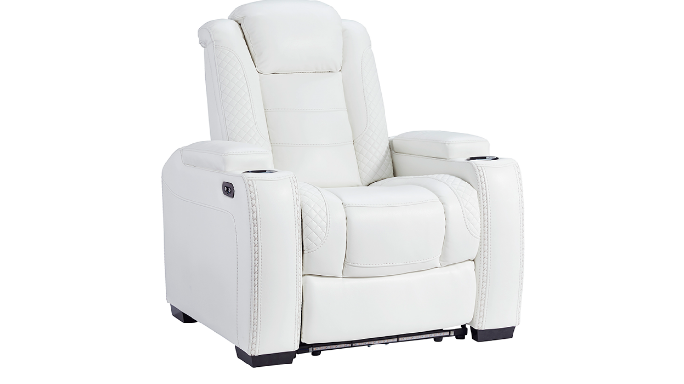 Angled View of the Party Time POWER Recliner in White by Ashley Furniture | Home Furniture Plus Bedding