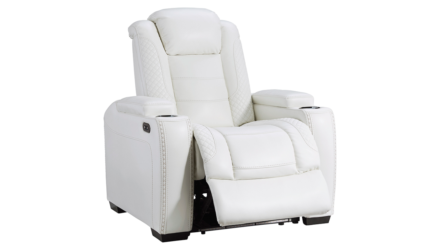 Angled View of the Party Time POWER Recliner in White by Ashley Furniture | Home Furniture Plus Bedding