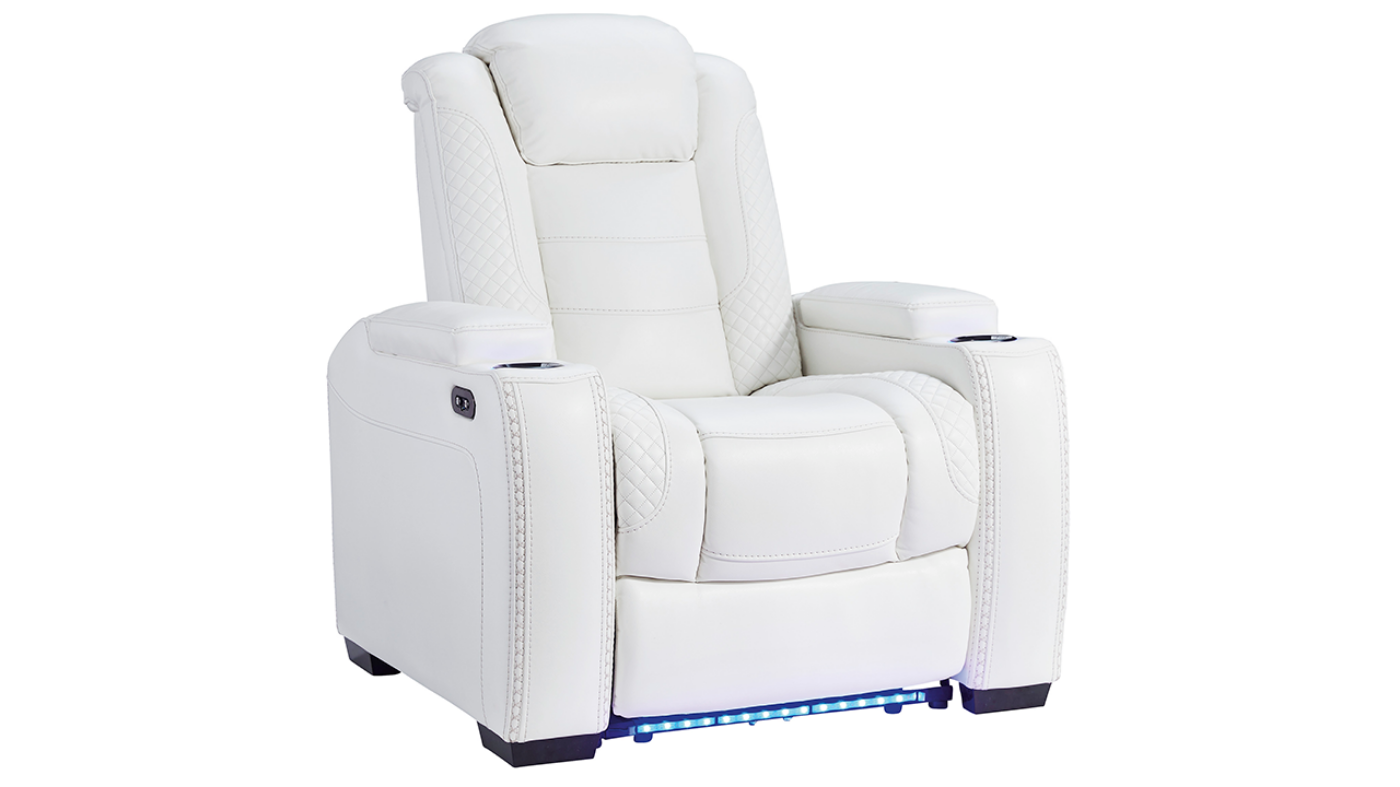 Angled View of the Party Time POWER Recliner in White by Ashley Furniture | Home Furniture Plus Bedding