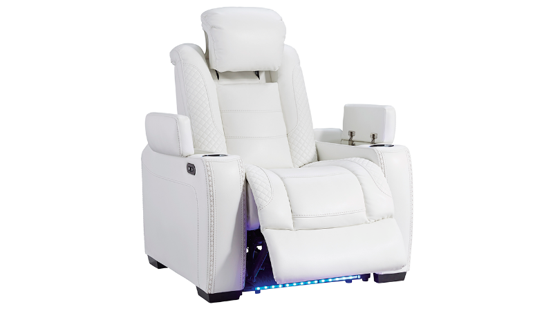 Angled View of the Party Time POWER Recliner in White by Ashley Furniture | Home Furniture Plus Bedding