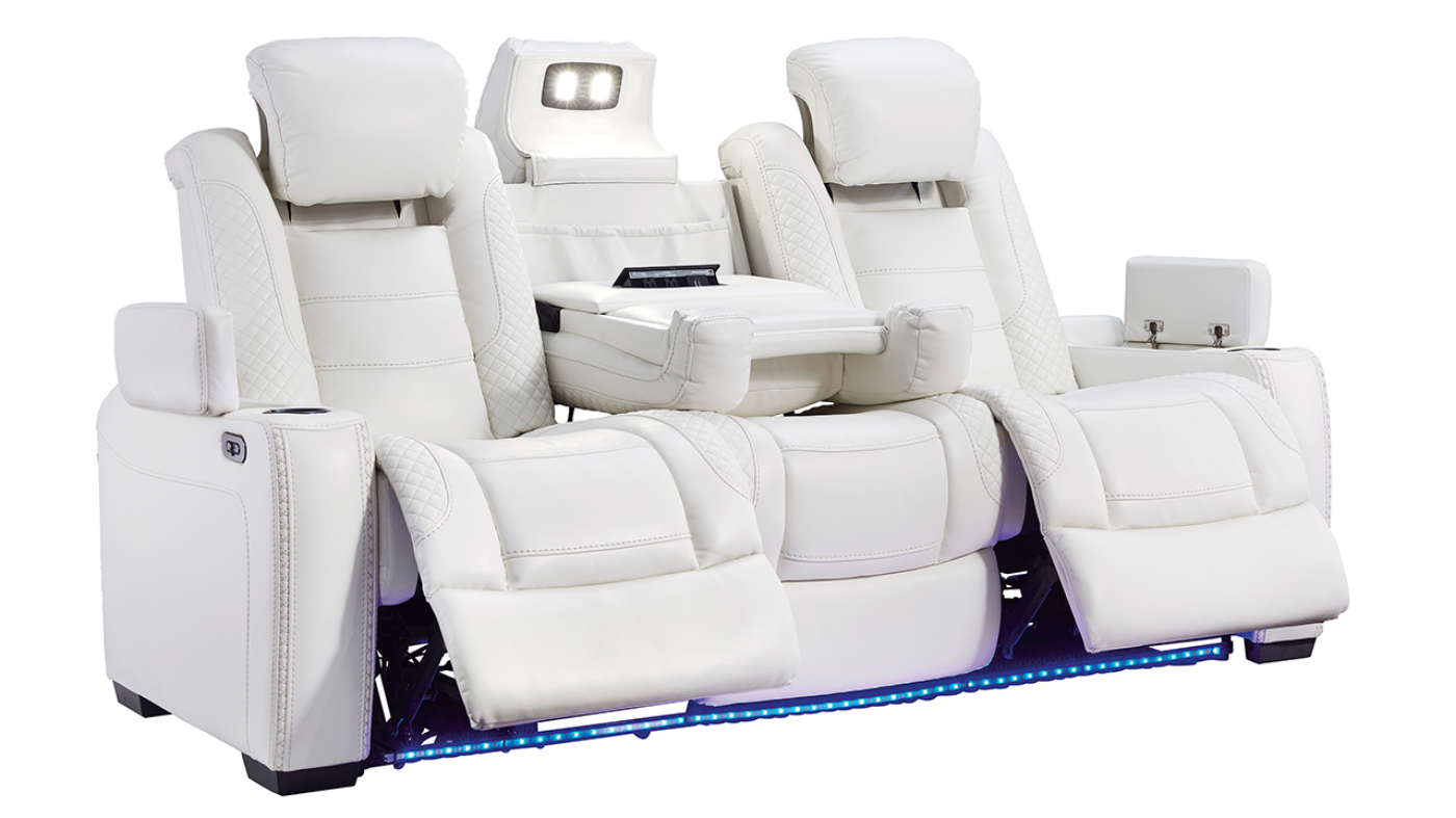 Angled View of the Party Time POWER Reclining Sofa in White by Ashley Furniture | Home Furniture Plus Bedding