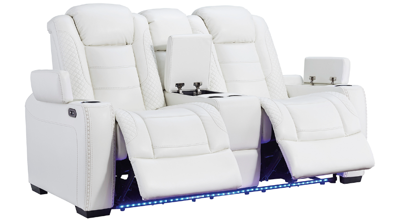 Angled View of the Party Time POWER Reclining Loveseat in White by Ashley Furniture | Home Furniture Plus Bedding