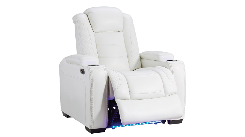 Angled View of the Party Time POWER Recliner in White by Ashley Furniture | Home Furniture Plus Bedding