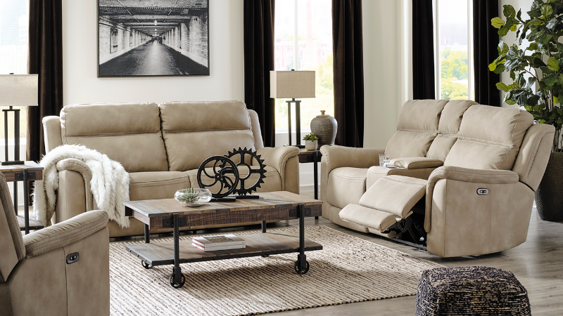 Room View of the Next-Gen DuraPella Power Reclining Sofa Set in Tan by Ashley Furniture | Home Furniture Plus Bedding