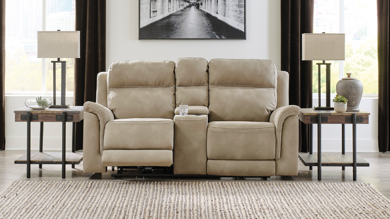 Room View of the Next-Gen DuraPella Power Reclining Loveseat in Tan by Ashley Furniture | Home Furniture Plus Bedding