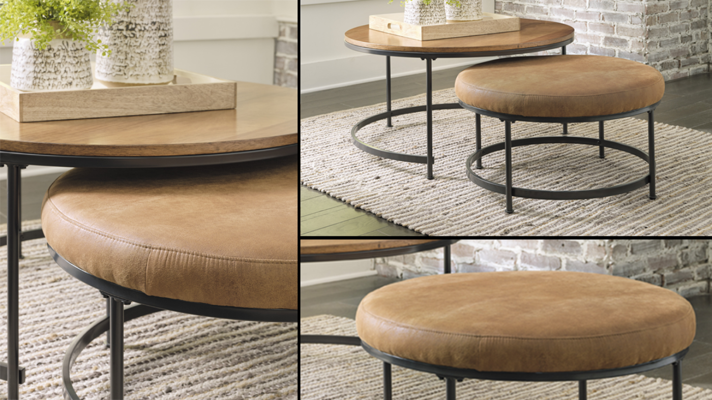 Collage of the Drezmoore Coffee Table with Nesting Ottoman in Light Brown by Ashley Furniture | Home Furniture Plus Bedding