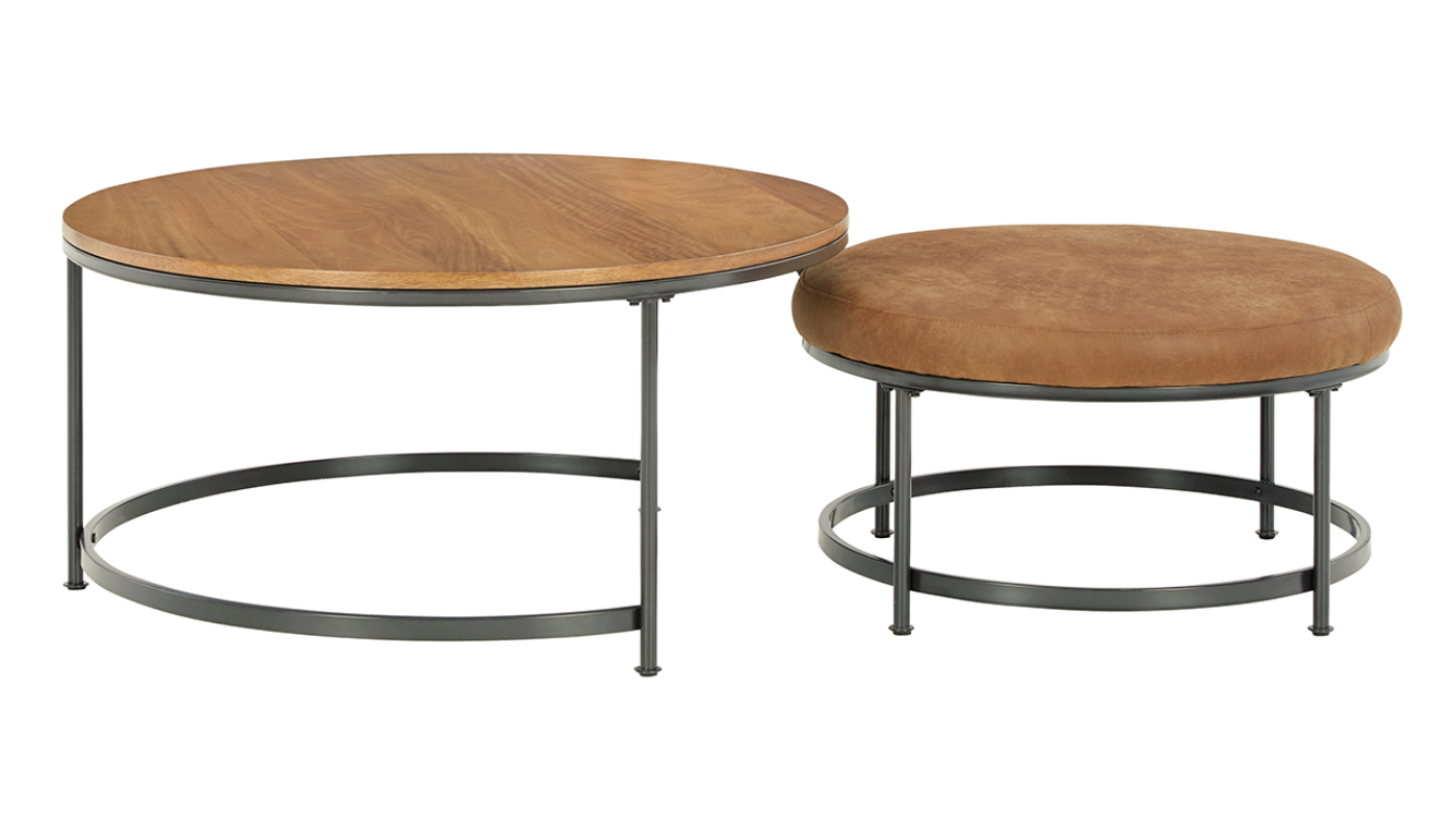 Side View of the Drezmoore Coffee Table with Nesting Ottoman in Light Brown by Ashley Furniture | Home Furniture Plus Bedding