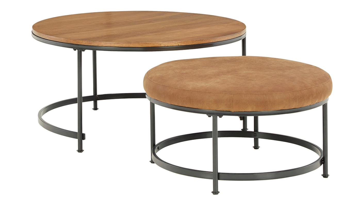 Angled View of the Drezmoore Coffee Table with Nesting Ottoman in Light Brown by Ashley Furniture | Home Furniture Plus Bedding