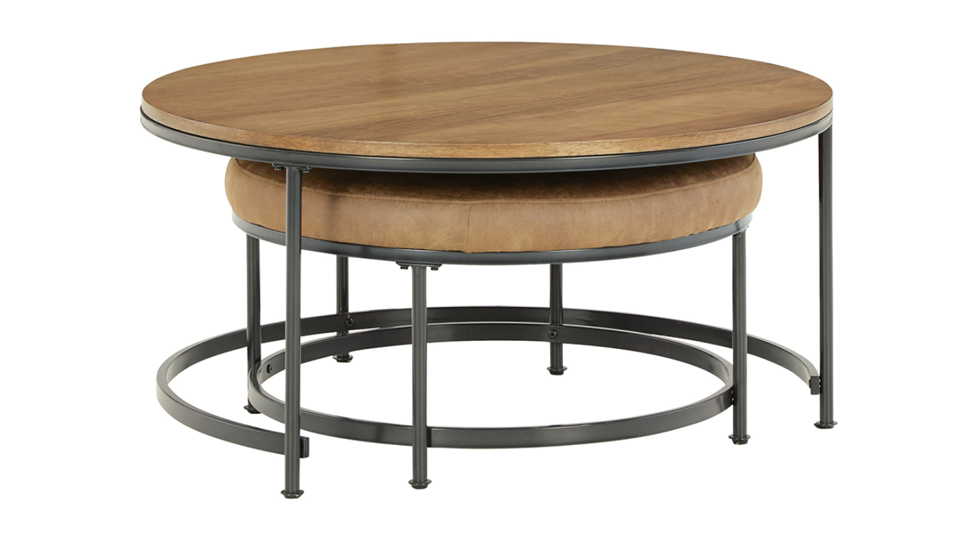 Nested View of the Drezmoore Coffee Table with Nesting Ottoman in Light Brown by Ashley Furniture | Home Furniture Plus Bedding