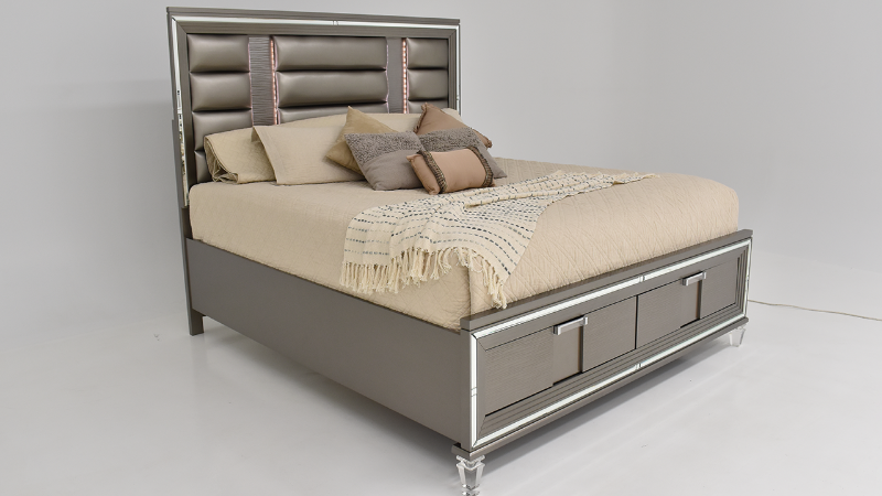 Angled Lighted View of the Twenty Nine King Storage Bed in Copper by Elements International | Home Furniture Plus Bedding