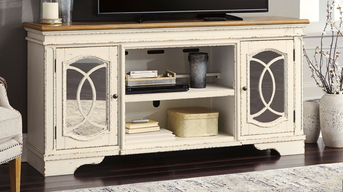 Room View of the Realyn 74 Inch TV Stand in White by Ashley Furniture | Home Furniture Plus Bedding