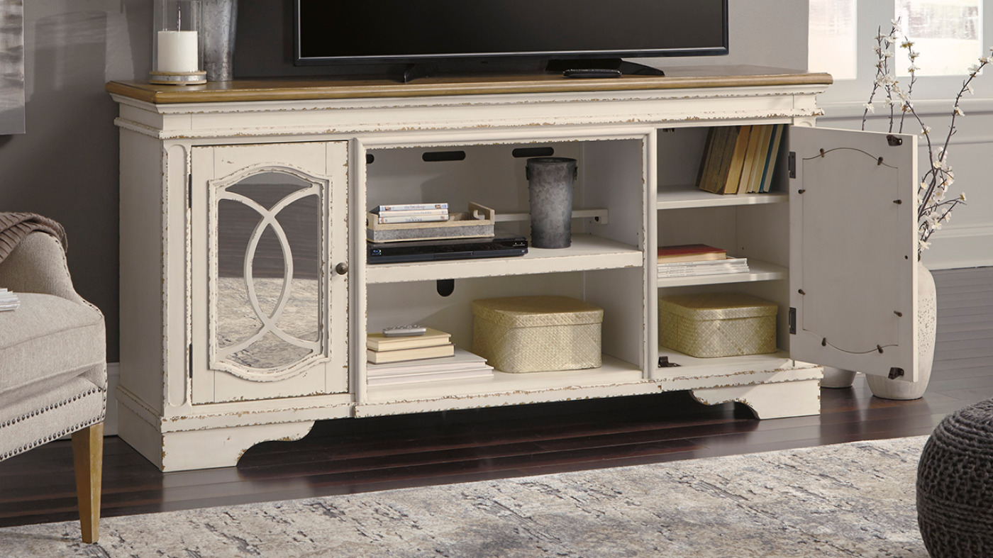 Room View of the Realyn 74 Inch TV Stand in White by Ashley Furniture | Home Furniture Plus Bedding