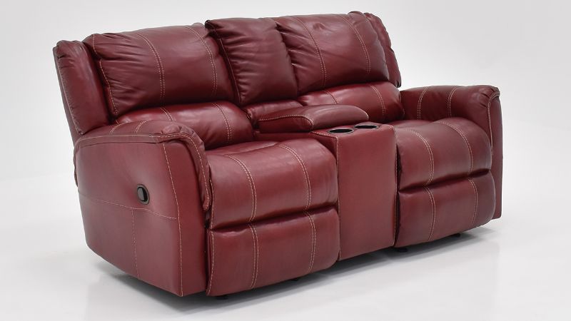 Angled View of the Mercury Glider Reclining  Leather Loveseat in Merlot Red by HomeStretch | Home Furniture Plus Bedding