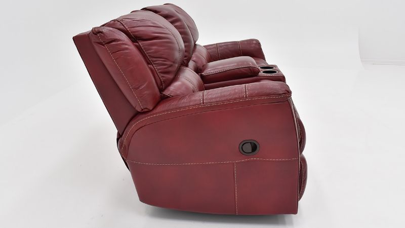 Side View of the Mercury Glider Reclining  Leather Loveseat in Merlot Red by HomeStretch | Home Furniture Plus Bedding