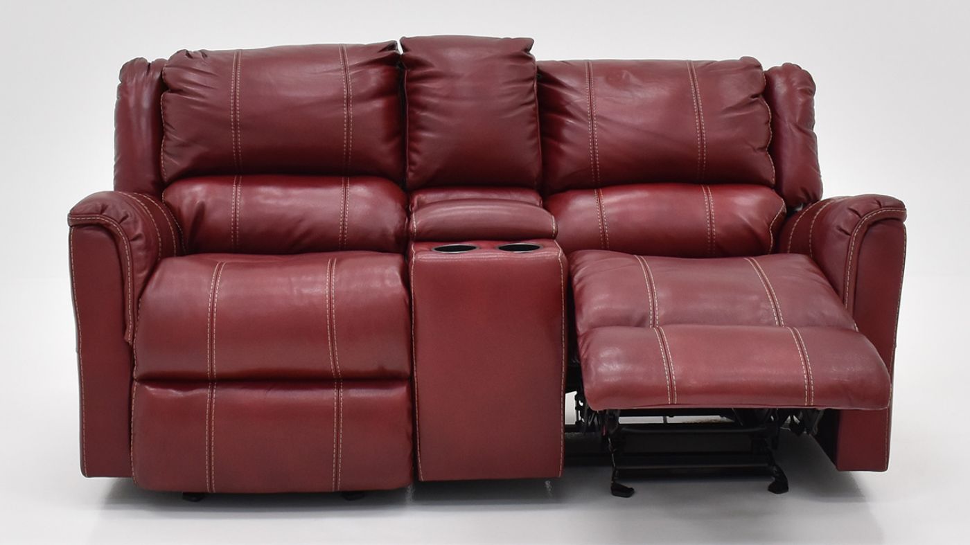 Front Facing View of the Mercury Glider Reclining  Leather Loveseat in Merlot Red by HomeStretch | Home Furniture Plus Bedding