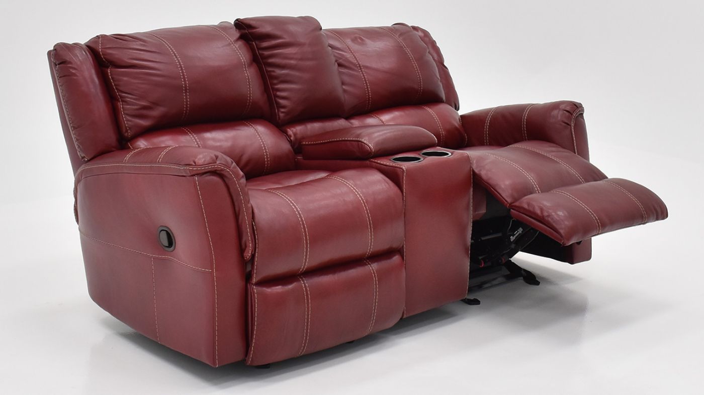 Angled View of the Mercury Glider Reclining  Leather Loveseat in Merlot Red by HomeStretch | Home Furniture Plus Bedding