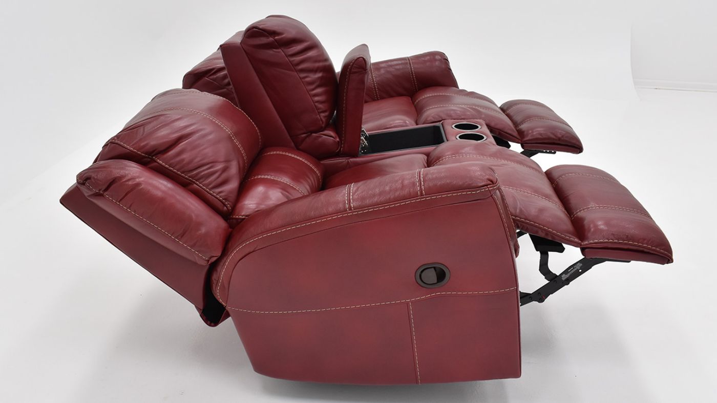 Side View of the Mercury Glider Reclining  Leather Loveseat in Merlot Red by HomeStretch | Home Furniture Plus Bedding