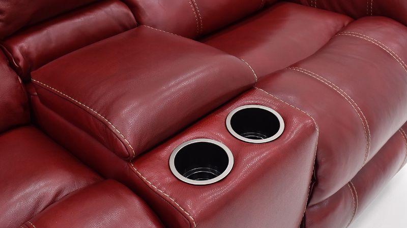 Close Up View of the Mercury Glider Reclining  Leather Loveseat in Merlot Red by HomeStretch | Home Furniture Plus Bedding