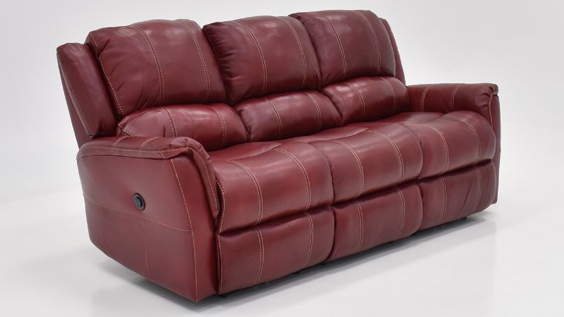 Angled  View of the Mercury Reclining  Leather Sofa in Merlot Red by HomeStretch | Home Furniture Plus Bedding