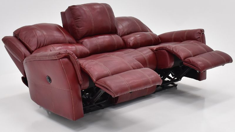 Angled  View of the Mercury POWER Reclining  Leather Sofa in Merlot Red by HomeStretch | Home Furniture Plus Bedding