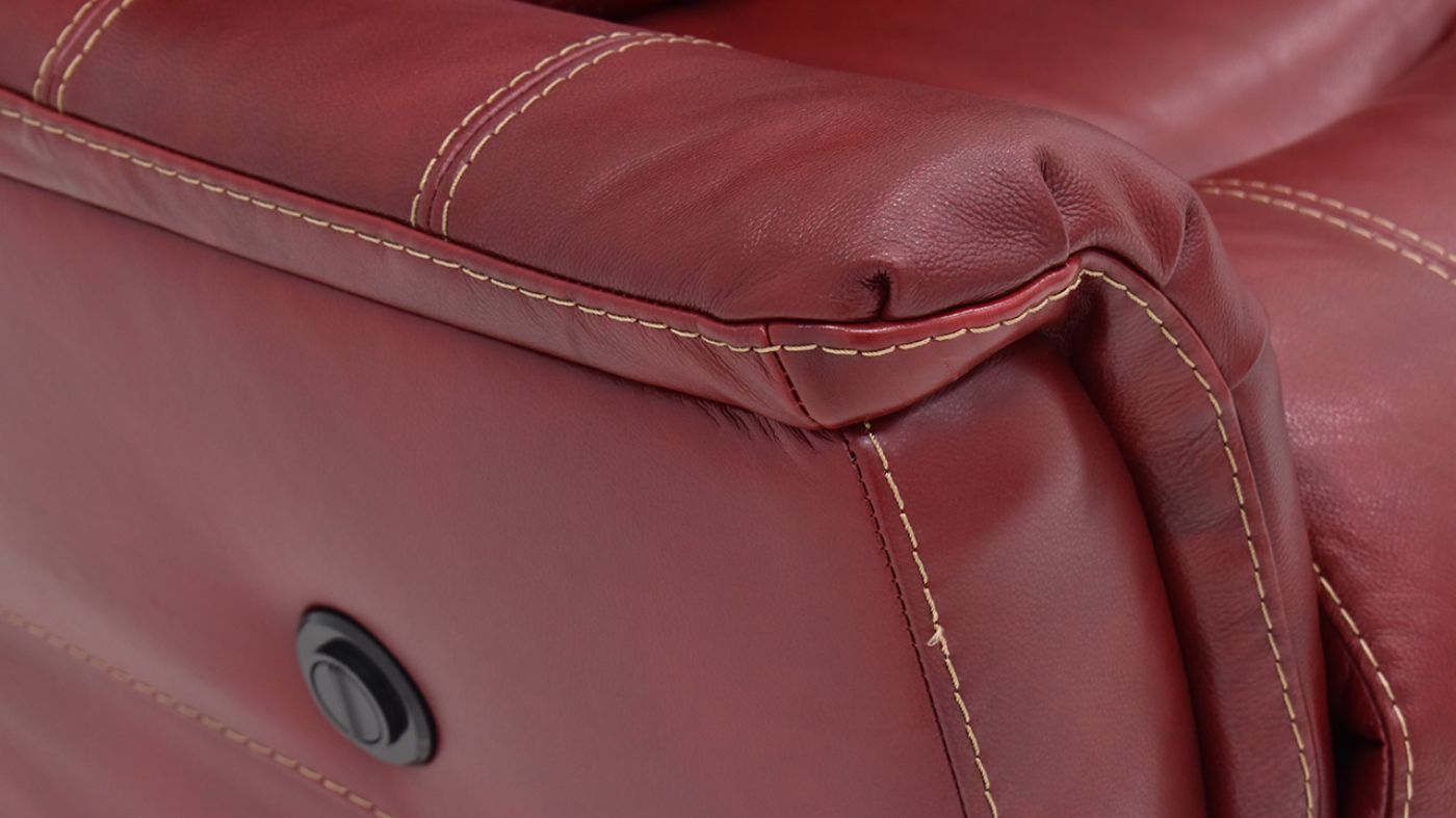 Close Up View of the Mercury POWER Reclining  Leather Sofa in Merlot Red by HomeStretch | Home Furniture Plus Bedding