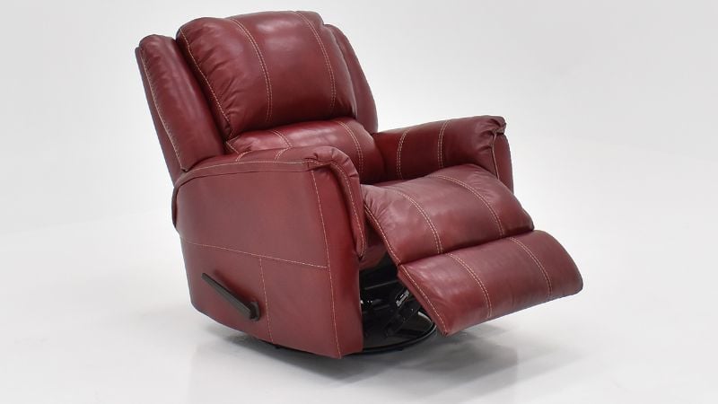 Angled View of the Mercury Swivel Glider Leather Recliner in Merlot Red by HomeStretch | Home Furniture Plus Bedding