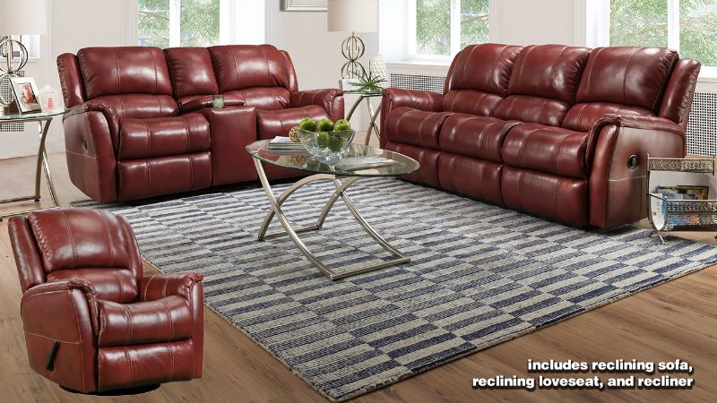Room View of the Mercury Reclining  Leather Sofa Set in Merlot Red by HomeStretch | Home Furniture Plus Bedding