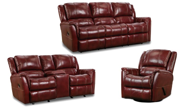 Group View of the Mercury Reclining  Leather Sofa Set in Merlot Red by HomeStretch | Home Furniture Plus Bedding