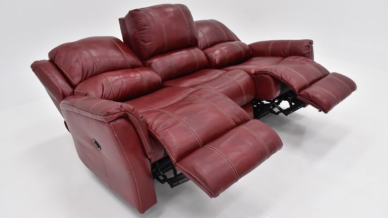 Angled View of the Mercury Reclining Leather Sofa in Merlot Red by HomeStretch | Home Furniture Plus Bedding