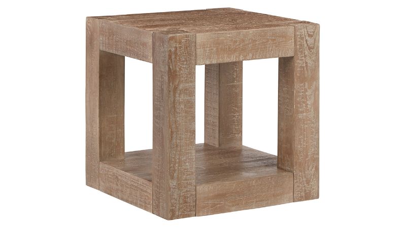 Angled View of the Waltleigh Square End Table in Distressed Brown by Ashley Furniture | Home Furniture Plus Bedding