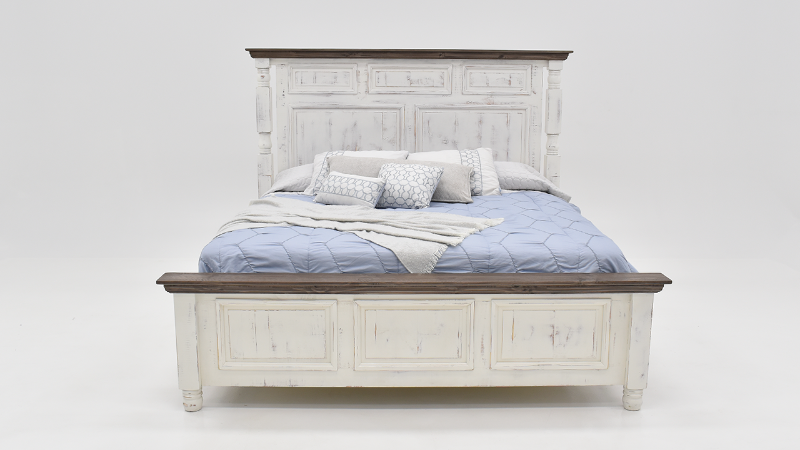 Martha Queen Size Panel Bed with White Finish and Dark Accented Ledges, View from the Footboard to Headboard | Home Furniture Plus Bedding