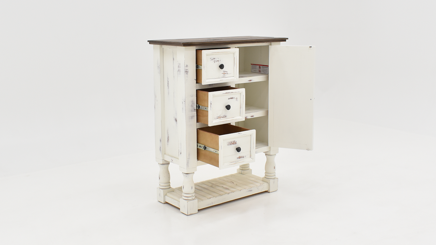 White Martha Chest of Drawers with Drawers and Cabinet Open, Slightly Angled View | Home Furniture Plus Bedding