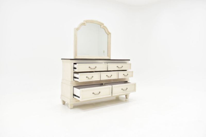Layla Dresser with Mirror, Slightly Angled View with Drawers Open | Home Furniture Plus Bedding