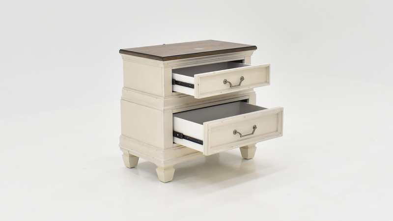 Layla Nightstand with Off White Finish, Slightly Angled View with Drawers Open | Home Furniture Plus Bedding	