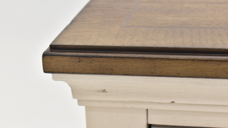Layla Nightstand, Close Up View of the Top Corner with Contrasting Finish | Home Furniture Plus Bedding	