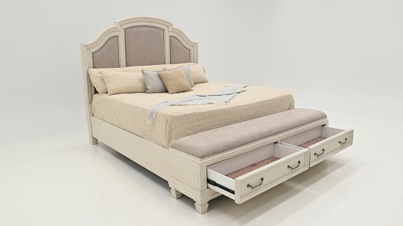 Layla Queen Size Upholstered Storage Bed, Slightly Angled with Drawers Open | Home Furniture Plus Bedding