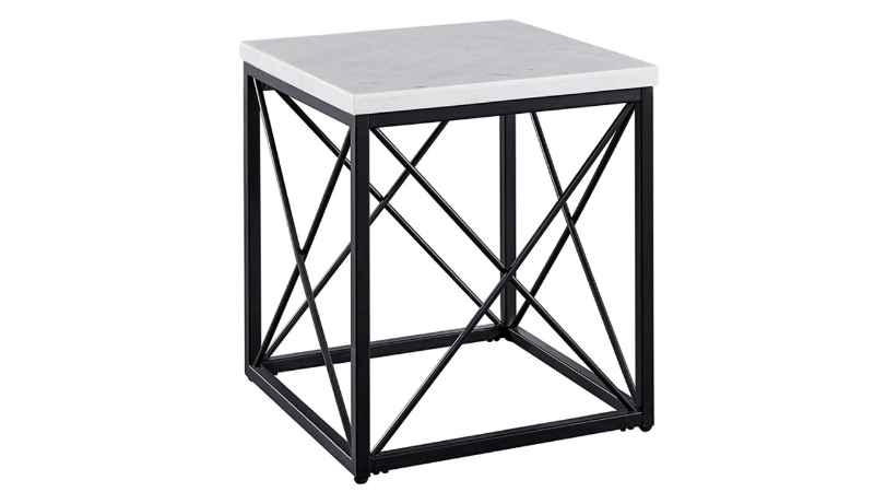 Angled View of the Skyler End Table with White Marble Top and Metal Base | Home Furniture Plus Bedding