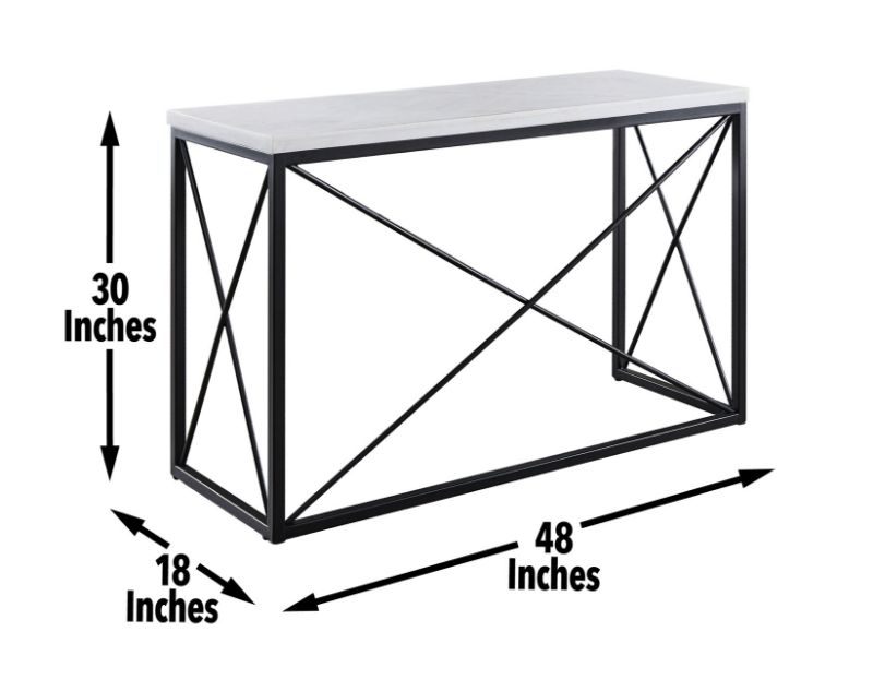 Skyler Sofa Table, Angled view with Dimensions - White with Black Base | Home Furniture Plus Bedding