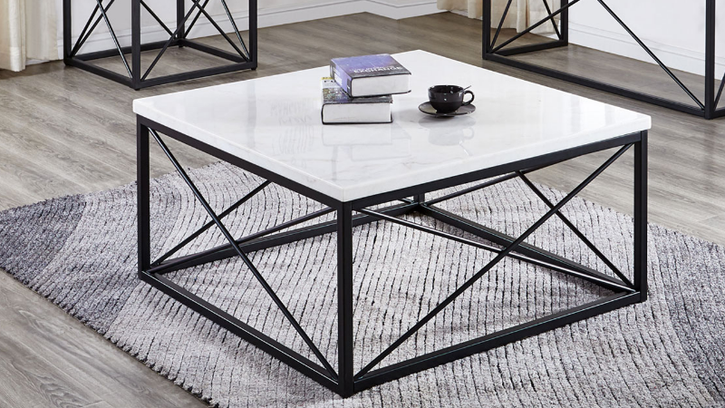 Skyler Coffee Table with White Marble Top and Metal Base, Room Shot | Home Furniture Plus Bedding